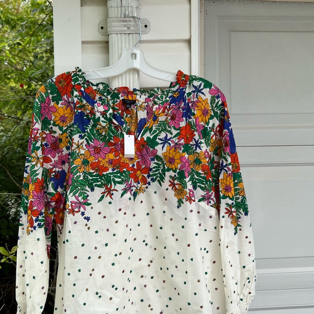 NWT Talbots Pretty Cream Multicolored Floral Ruffle Neck 3/4 Sleeve Blouse - Picture 2 of 5